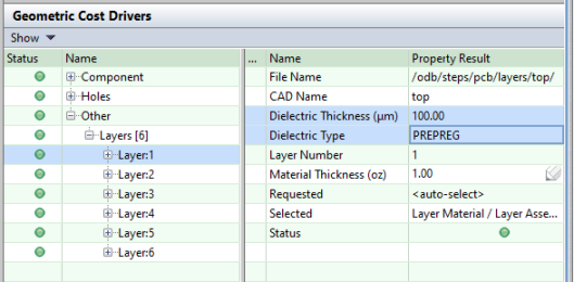 Layer Geometric Cost Driver has two new properties, Dielectric Thickness and Dielectric Type