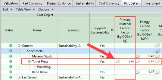 Find the cell you want to edit in the Part Details tab table