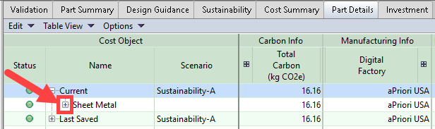 Expand a process row in the part details tab