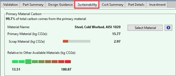 After recosting the part, updated values are shown in the Sustainability tab