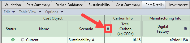 Expand the Carbon Info section in the Part Details tab Expand the Carbon Info section in the Part Details tab