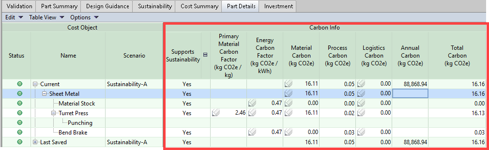 Expanded Carbon Info section in the Part Details tab Expanded Carbon Info section in the Part Details tab
