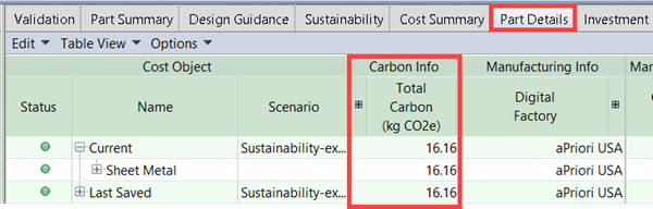 In the Parts Details tab, the Carbon Info cells are populated