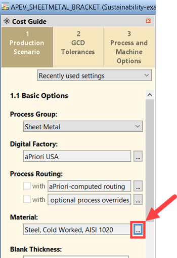 In the Production Scenario section of the Cost Guide, select a new material.